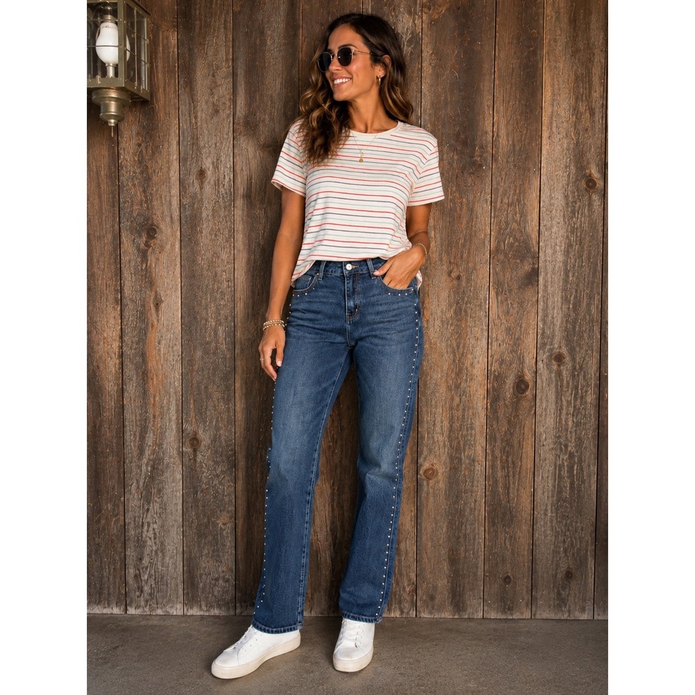 Fashion Nova For Keeps Studded Straight Leg Jeans Medium Wash Blue Denim Size 7